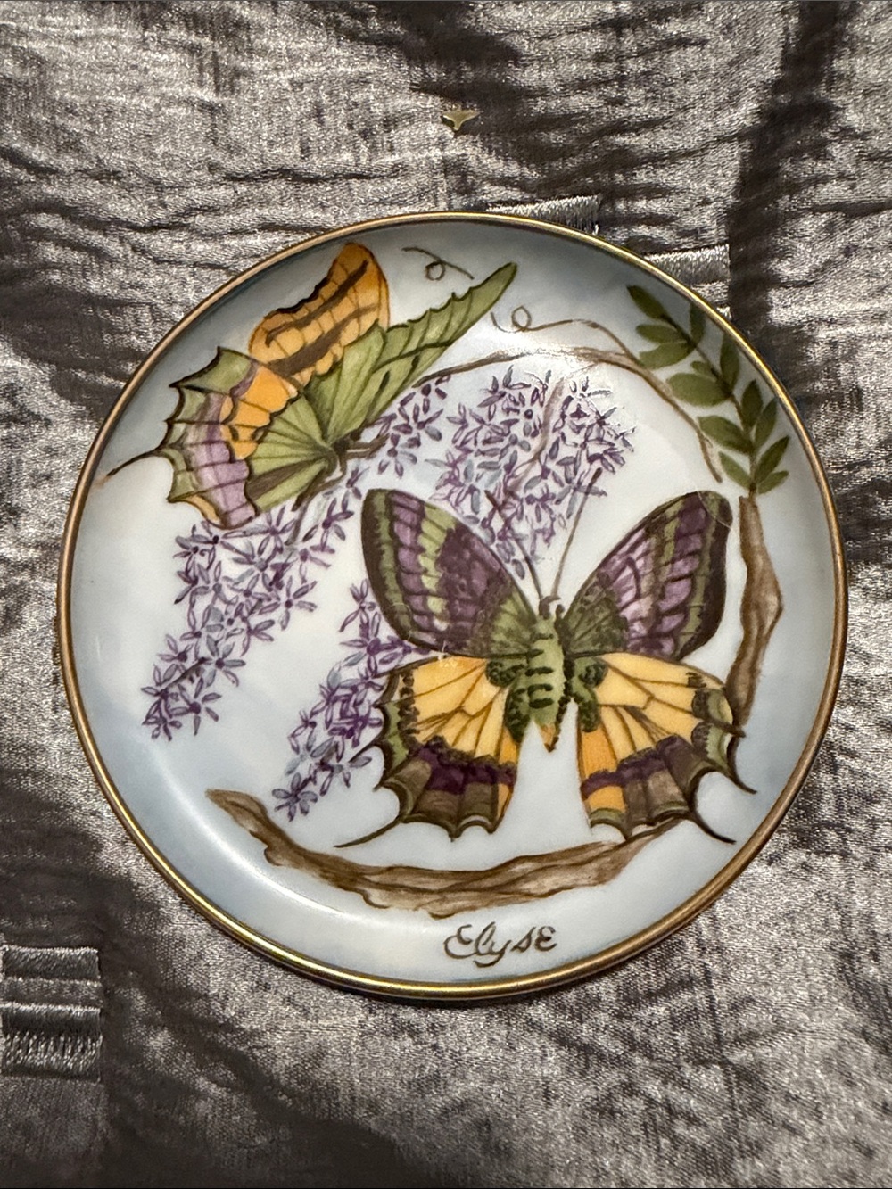 Peter Kaiser Hand-Painted Butterfly Plate - Yellow, Purple & Green
